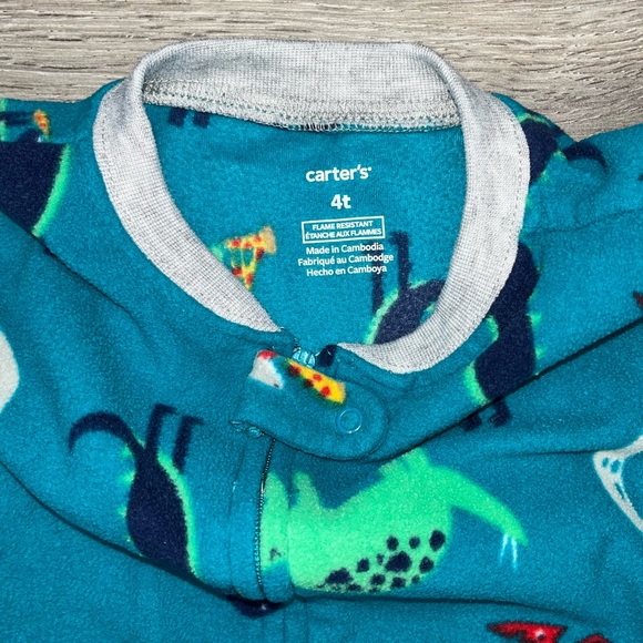 Carter’s Dinosaur Footed Fleece Pajama’s 4T Teal Blue - Picture 4 of 12